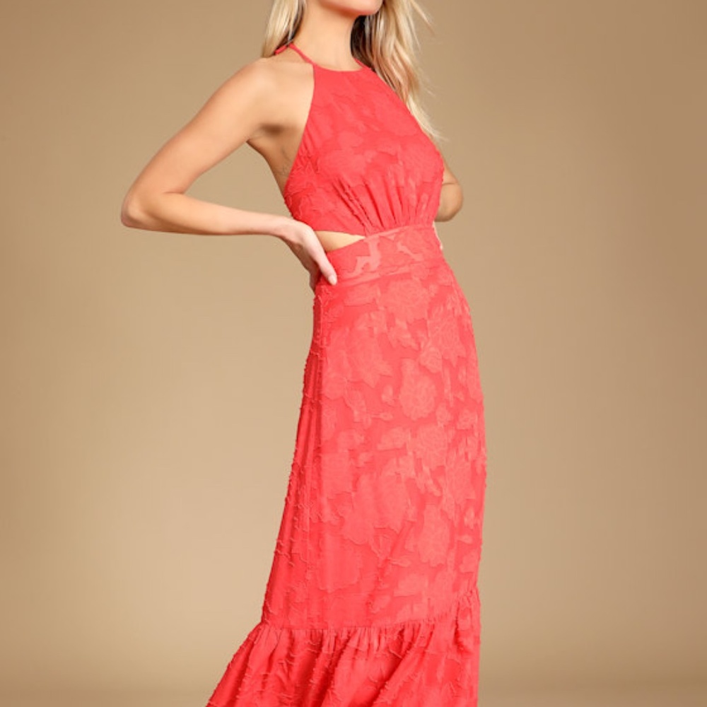 Lulus Touch Of Elegance Coral Floral Burnout Halter Maxi Dress Pink - Size S